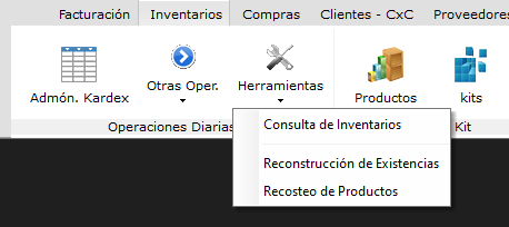 Menú Herramientas de Inventario